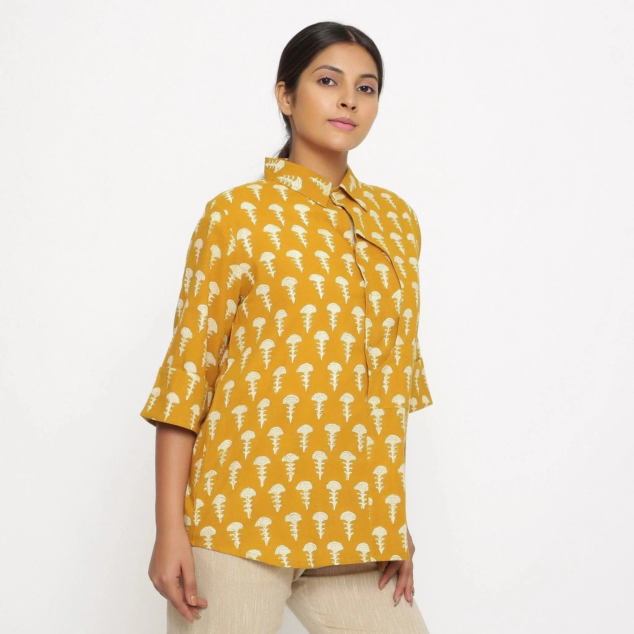 Mustard Block Printed Button-Down Cotton Shirt