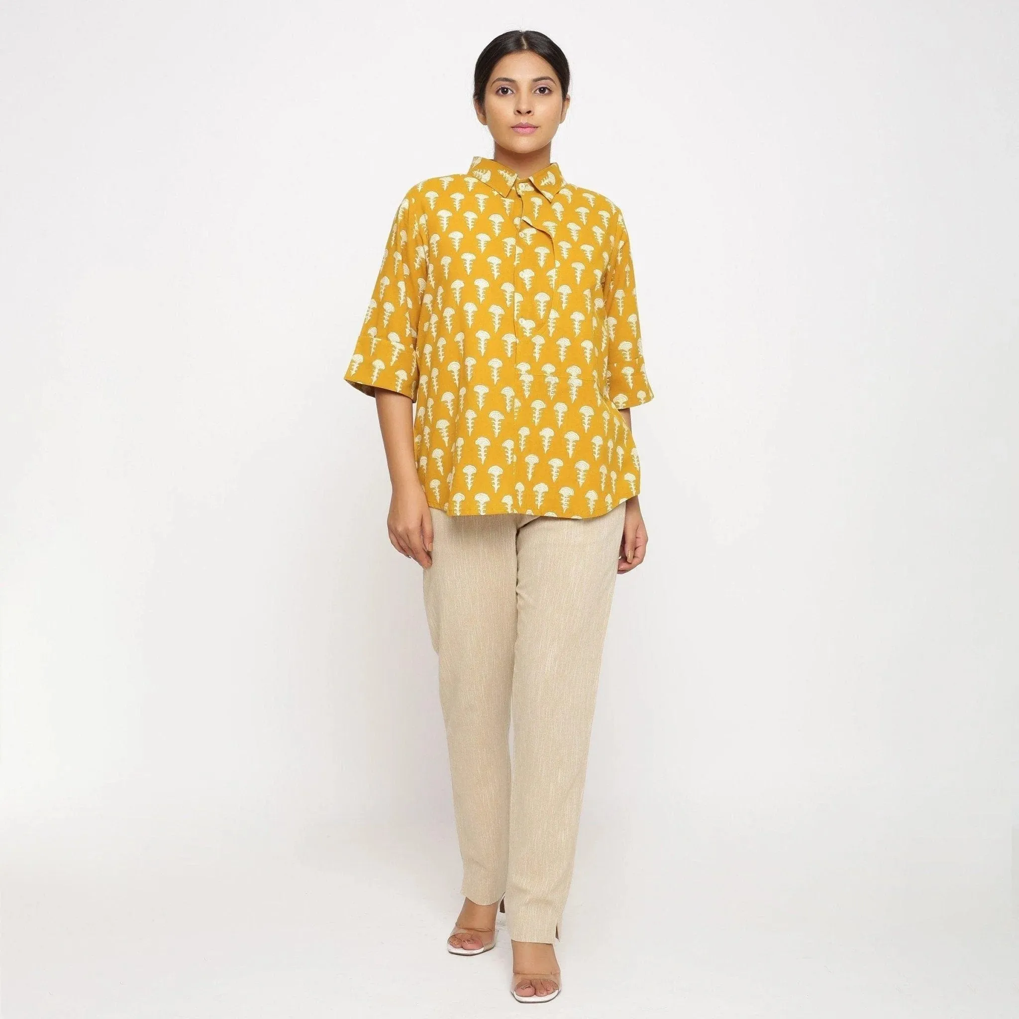 Mustard Block Printed Button-Down Cotton Shirt