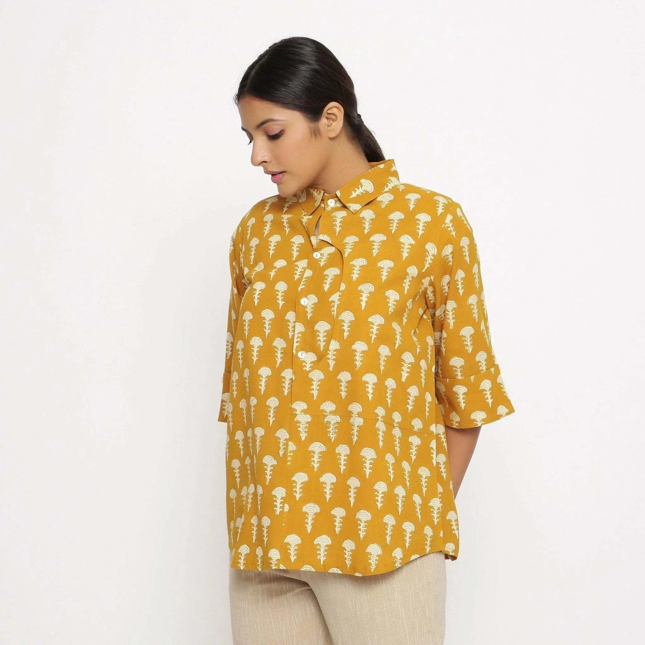Mustard Block Printed Button-Down Cotton Shirt