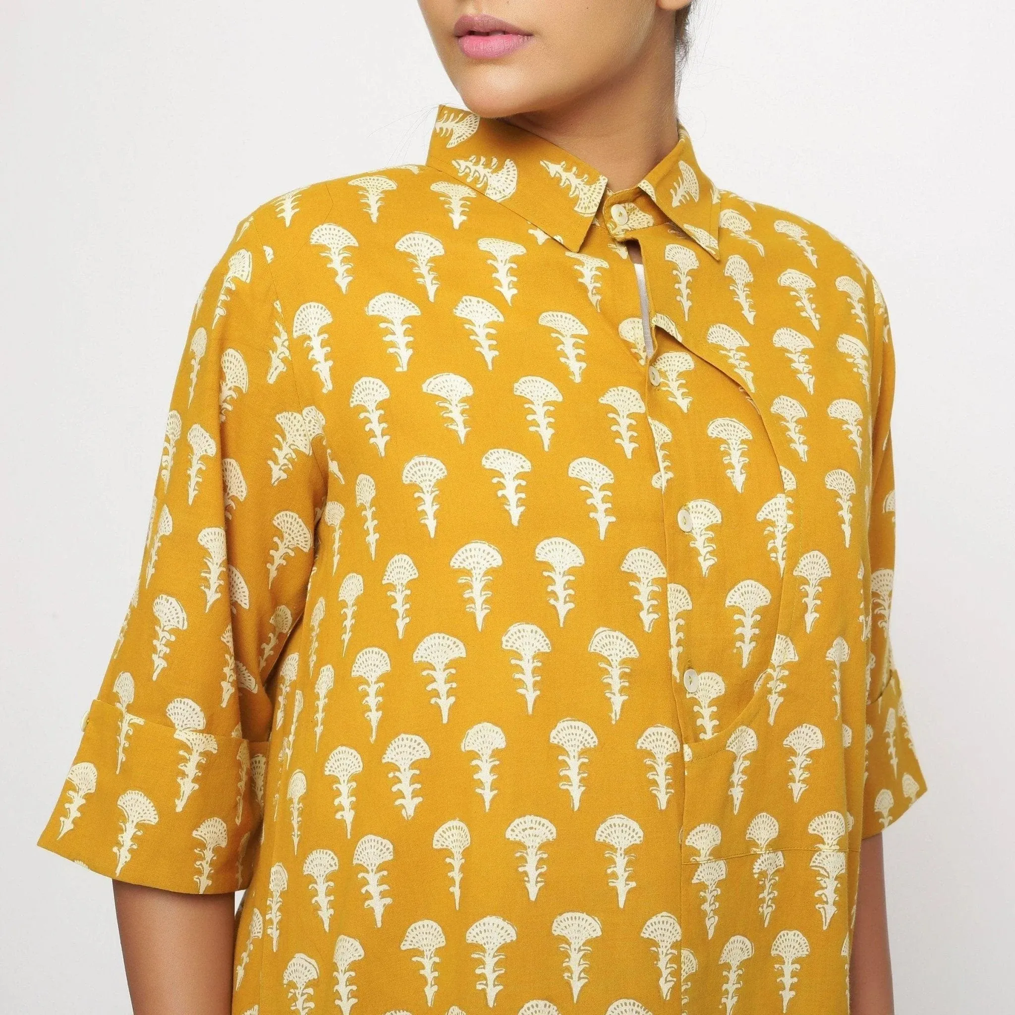 Mustard Block Printed Button-Down Cotton Shirt