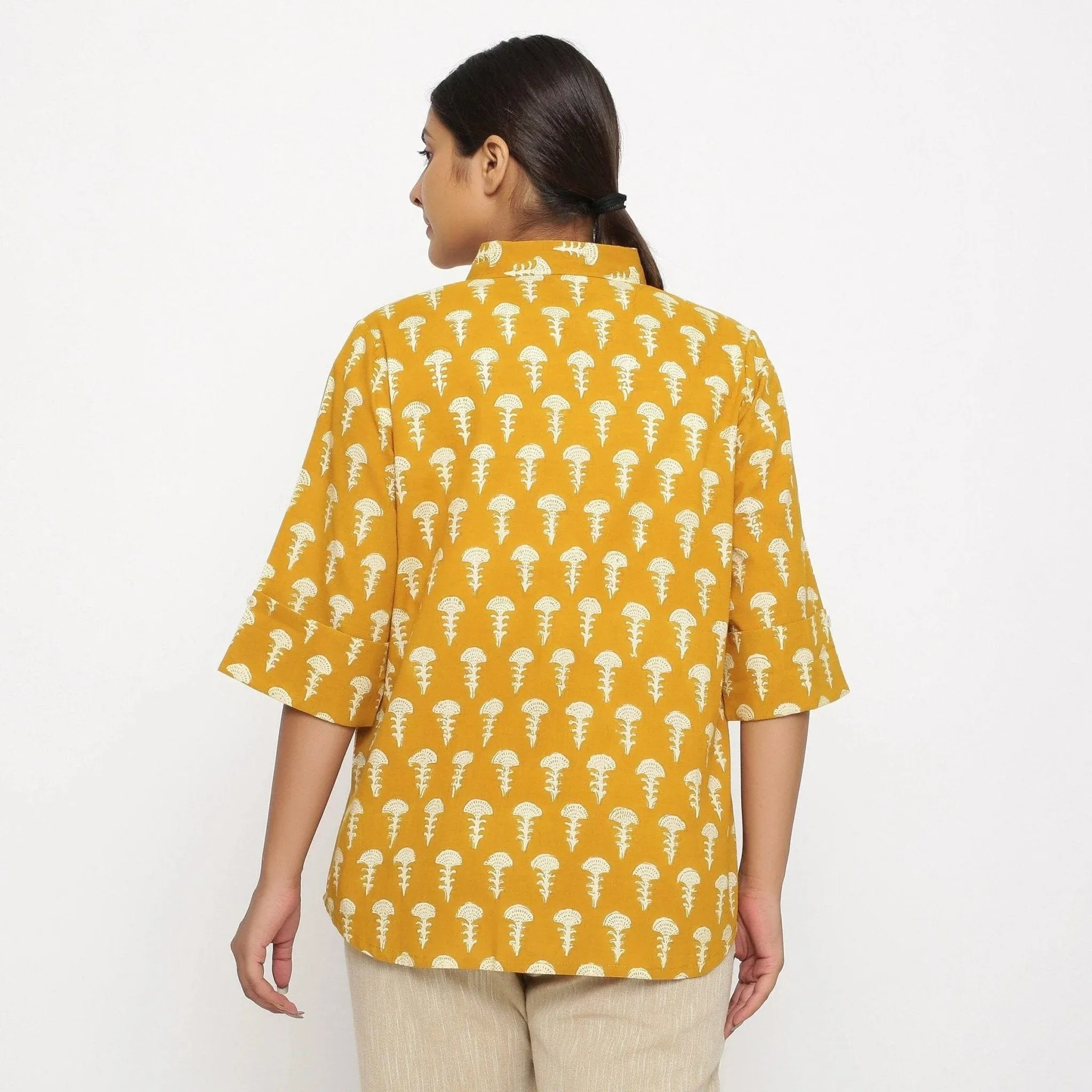 Mustard Block Printed Button-Down Cotton Shirt