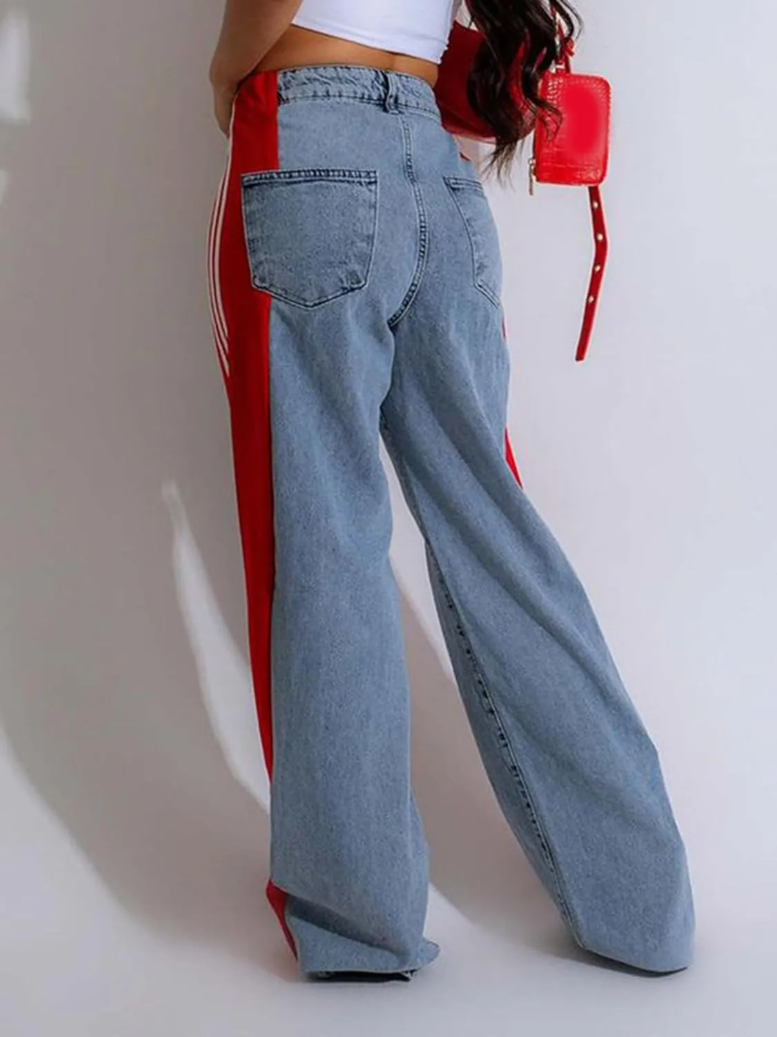 Mxiqqpltky Womens Wide Leg Jeans High Waist Boyfriend Denim Pants Side Striped Print Straight Baggy Mom Jeans Y2k Streetwear