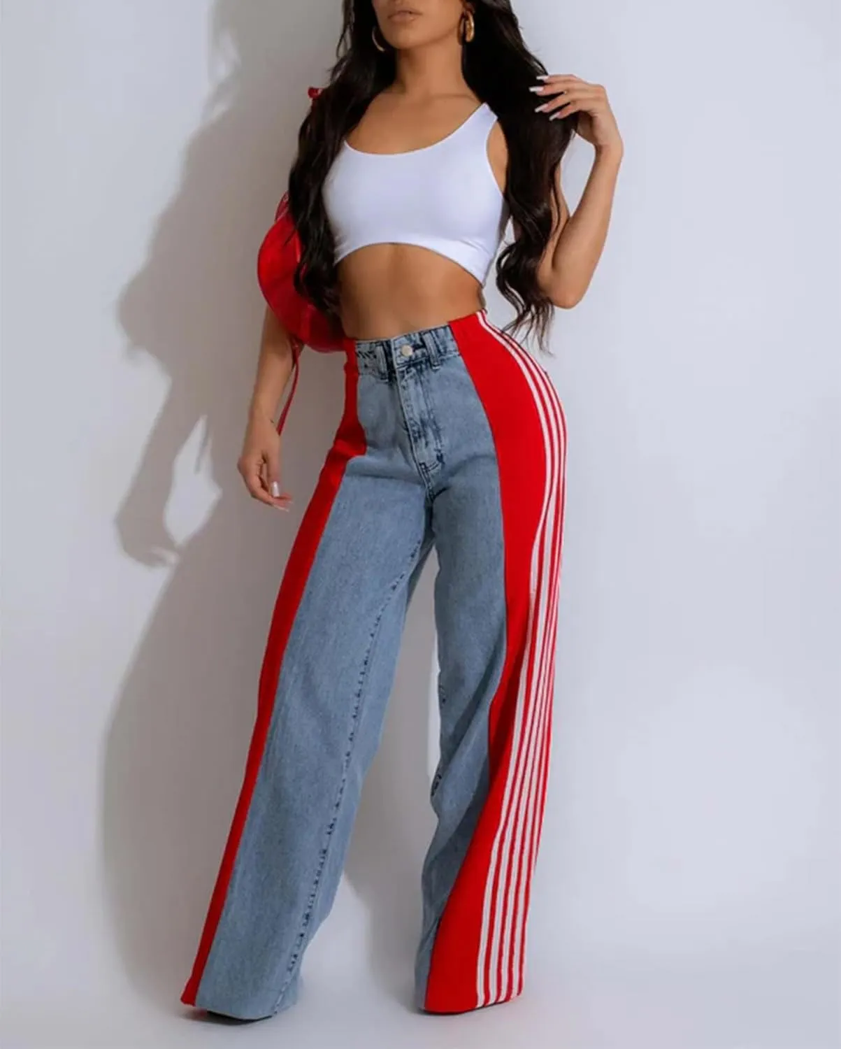 Mxiqqpltky Womens Wide Leg Jeans High Waist Boyfriend Denim Pants Side Striped Print Straight Baggy Mom Jeans Y2k Streetwear