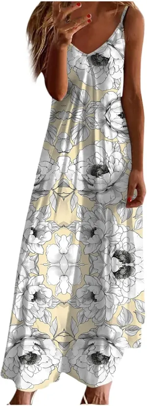Mzkdieey Women's 2024 Summer Dress Casual Boho Floral Print Sundress Spaghetti Strap V Neck Flowy Maxi Beach Vacation Dress