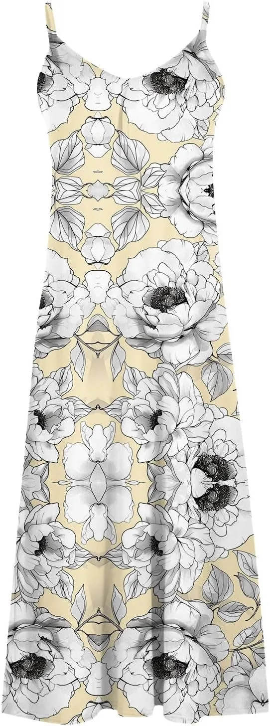 Mzkdieey Women's 2024 Summer Dress Casual Boho Floral Print Sundress Spaghetti Strap V Neck Flowy Maxi Beach Vacation Dress
