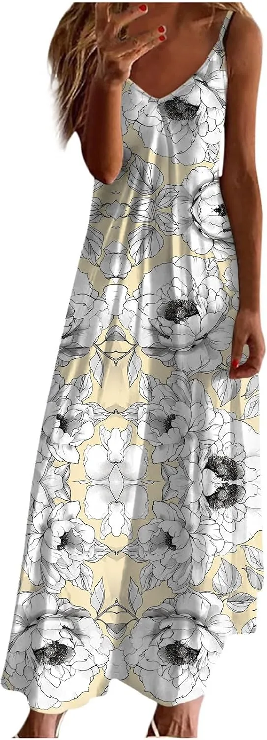 Mzkdieey Women's 2024 Summer Dress Casual Boho Floral Print Sundress Spaghetti Strap V Neck Flowy Maxi Beach Vacation Dress