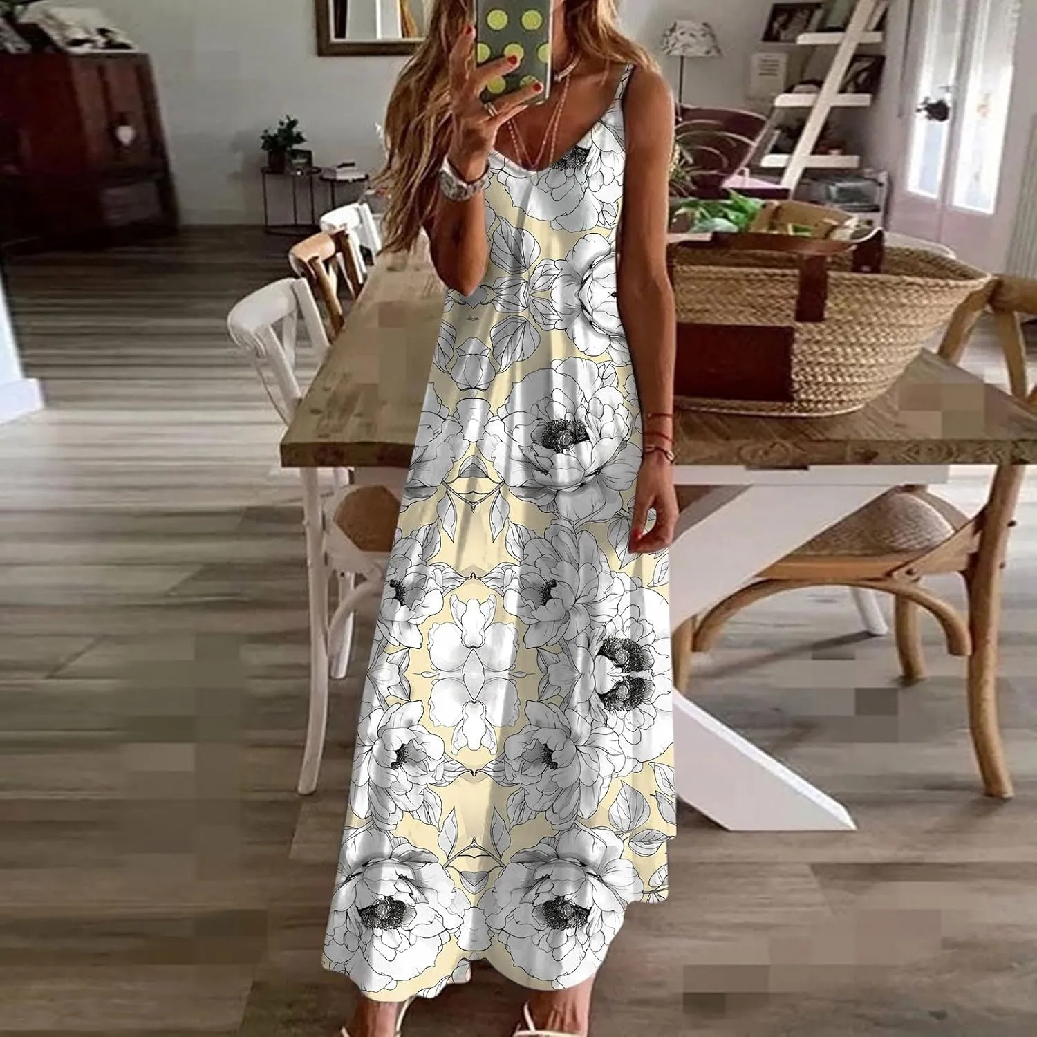 Mzkdieey Women's 2024 Summer Dress Casual Boho Floral Print Sundress Spaghetti Strap V Neck Flowy Maxi Beach Vacation Dress
