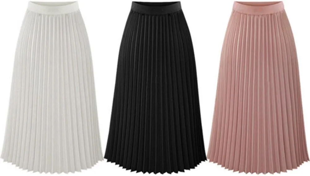 NREALY Skirt Womens Solid Pleated Elegant Midi Elastic Waist Maxi Skirt