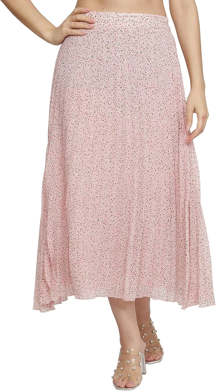 NUEVOSDAMAS Women's Ditsy Floral Print High Waist Skirt Pleated A-line Long Skirt Beach Elasticated Midi Skirt