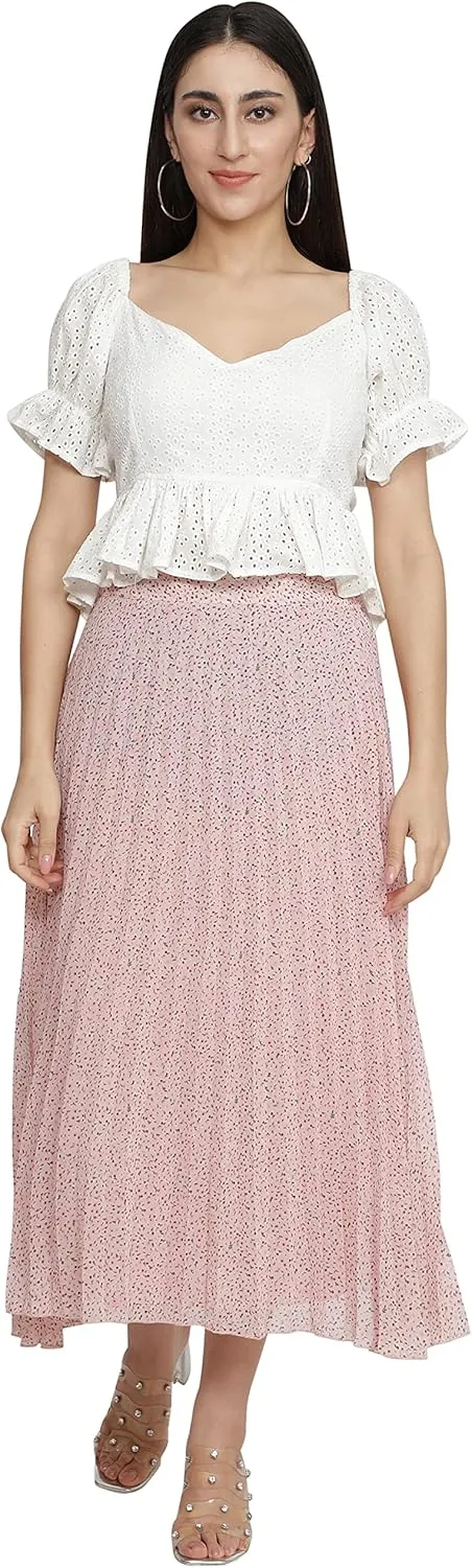 NUEVOSDAMAS Women's Ditsy Floral Print High Waist Skirt Pleated A-line Long Skirt Beach Elasticated Midi Skirt