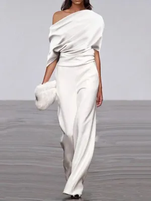 Off Shoulder Solid Long Straight Pants Jumpsuit for Women