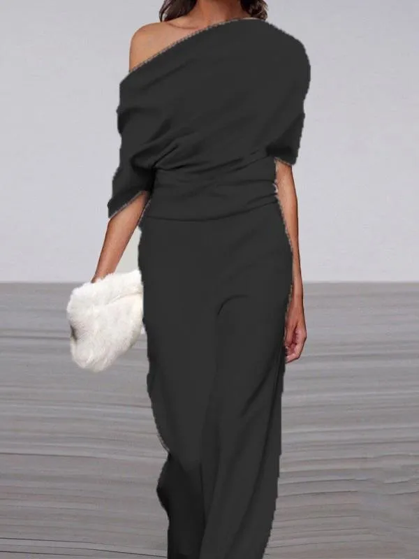 Off Shoulder Solid Long Straight Pants Jumpsuit for Women
