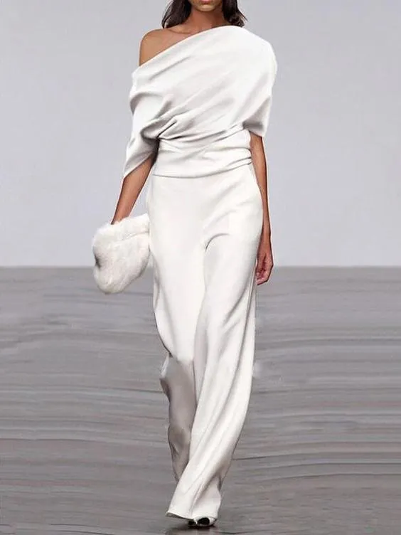 Off Shoulder Solid Long Straight Pants Jumpsuit for Women