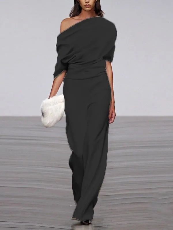 Off Shoulder Solid Long Straight Pants Jumpsuit for Women