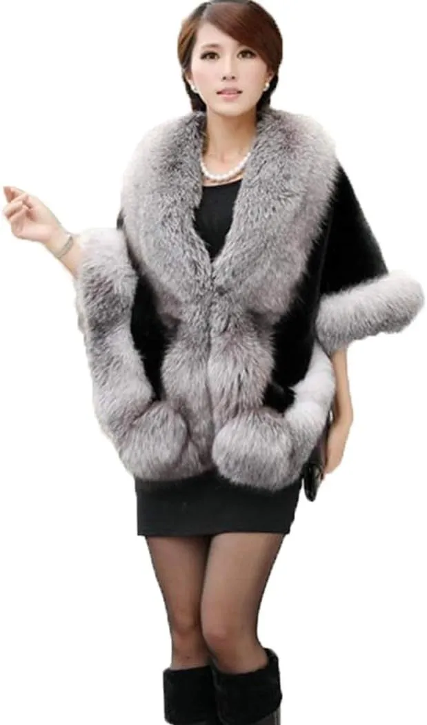 Old Dlrd Women's Winter Faux Fur Coat Wedding Bride Cloak Cape Shawl for Evening Party