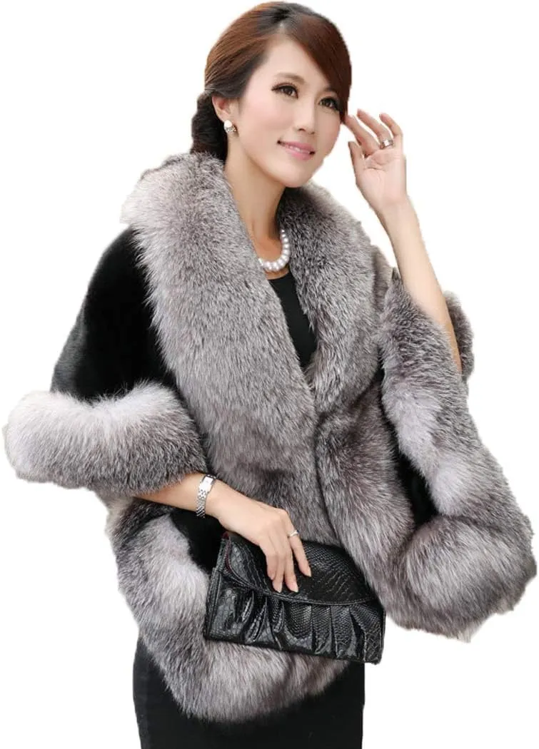 Old Dlrd Women's Winter Faux Fur Coat Wedding Bride Cloak Cape Shawl for Evening Party