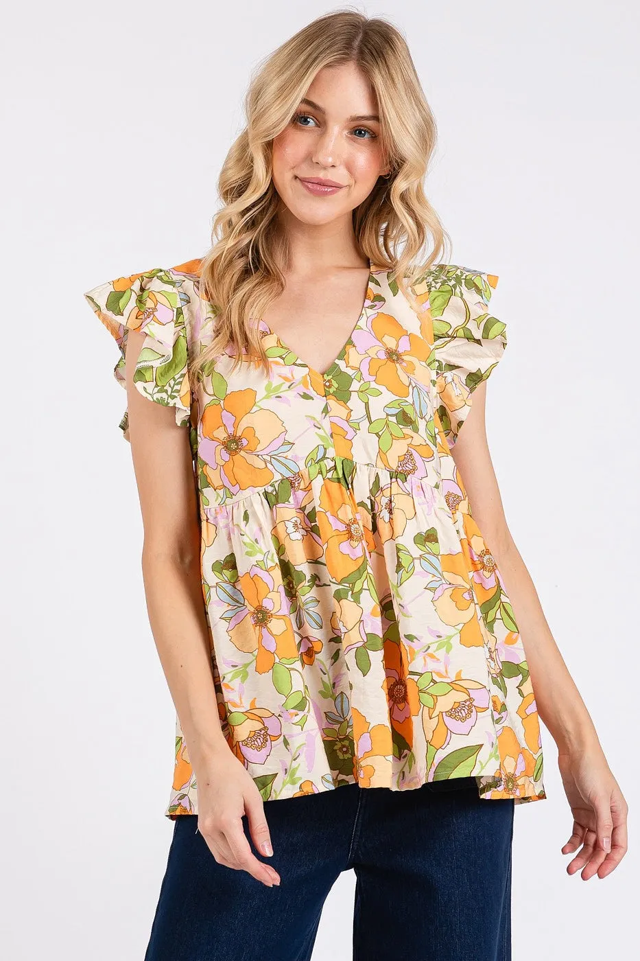 Orange Flower Print Babydoll Top