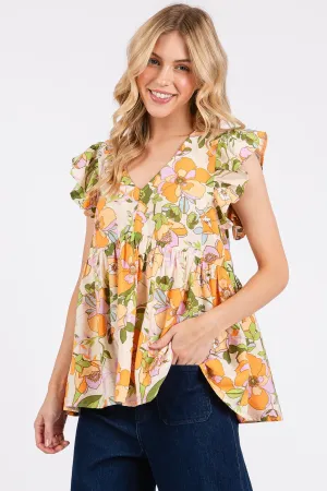 Orange Flower Print Babydoll Top