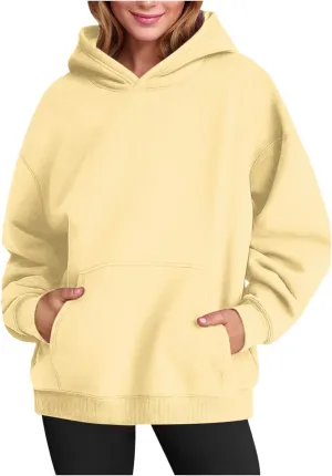 Oversized Sweatshirt For Women Fleece Hoodies Casual Long Sleeve Pullover Top Solid Color Cute Hoodie With Pocket