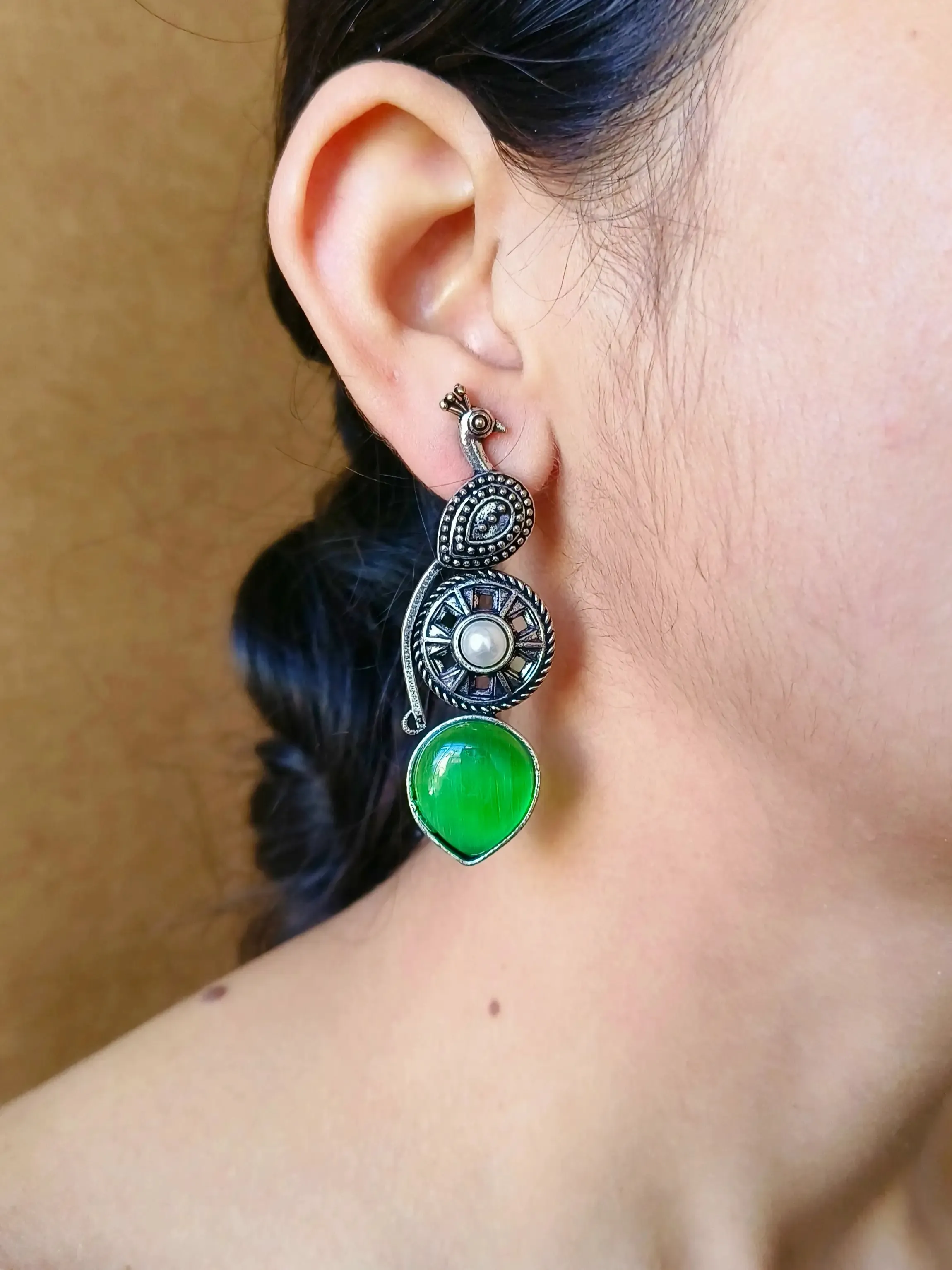 Oxidised Peacock Monalisa Stud Earrings for Elegant Office Wear | Sarichka