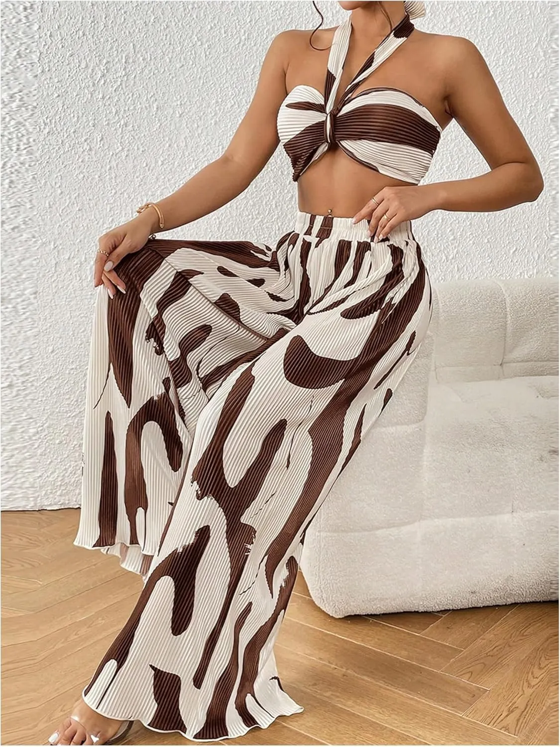 OYOANGLE Women's 2 Piece Outfits Graphic Print Knitted Crop Halter Top and Wide Leg Pants Set