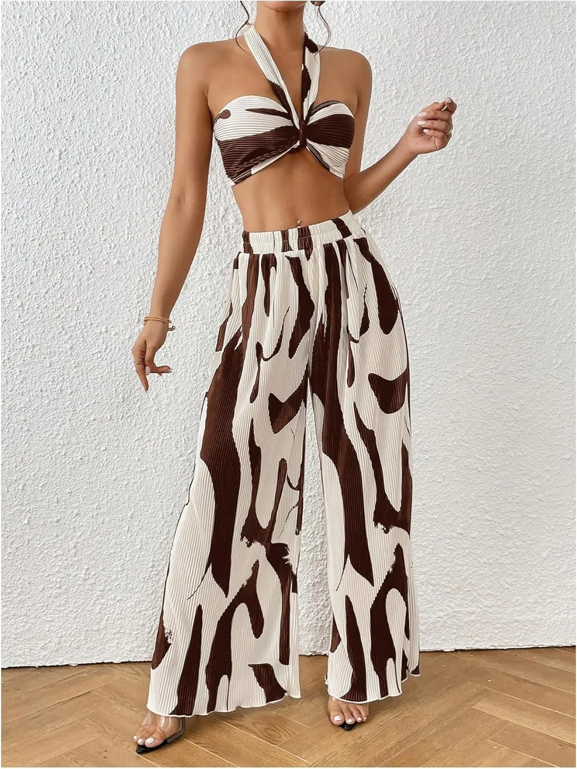 OYOANGLE Women's 2 Piece Outfits Graphic Print Knitted Crop Halter Top and Wide Leg Pants Set