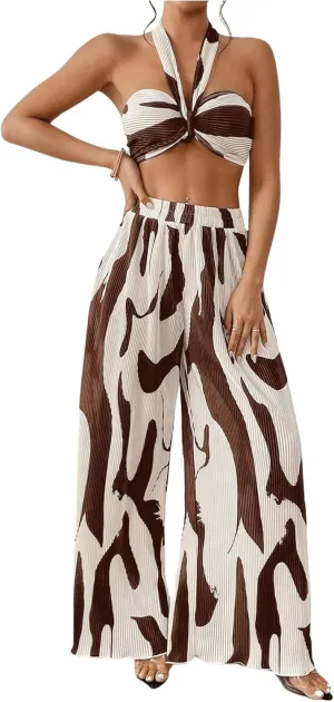 OYOANGLE Women's 2 Piece Outfits Graphic Print Knitted Crop Halter Top and Wide Leg Pants Set