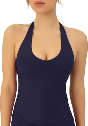 PAVOI ACTIVE Workout Halter Tops for Women Built in Bra - Low Support V Neck Backless Sports Tank Top Shelf Bra - HiPerform