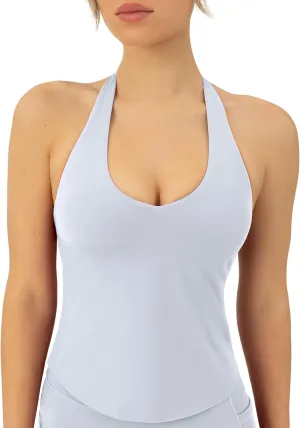 PAVOI ACTIVE Workout Halter Tops for Women Built in Bra - Low Support V Neck Backless Sports Tank Top Shelf Bra - HiPerform