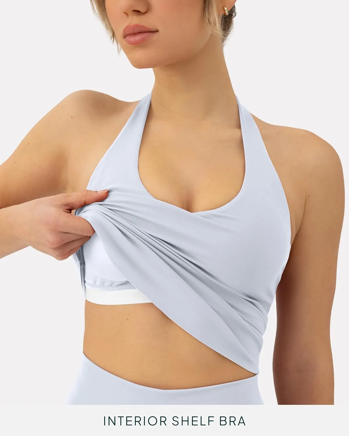 PAVOI ACTIVE Workout Halter Tops for Women Built in Bra - Low Support V Neck Backless Sports Tank Top Shelf Bra - HiPerform