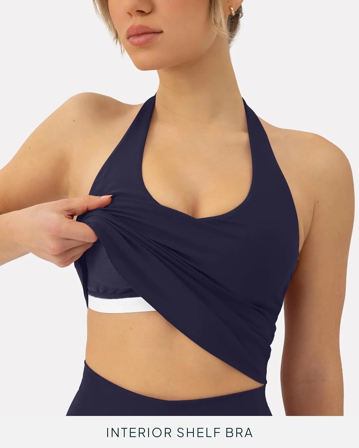 PAVOI ACTIVE Workout Halter Tops for Women Built in Bra - Low Support V Neck Backless Sports Tank Top Shelf Bra - HiPerform