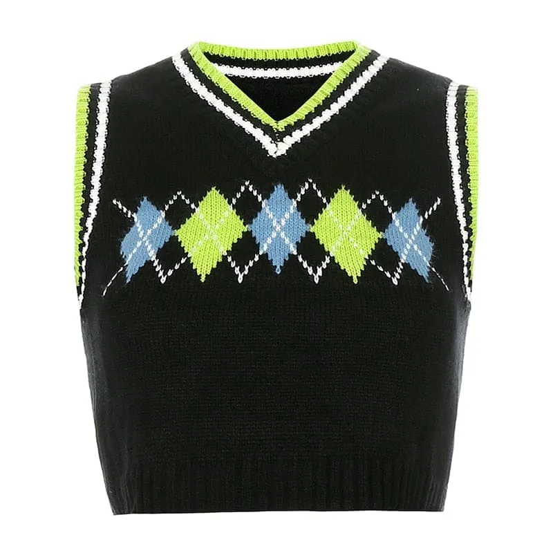 Plaid Knitted Tank Tops Female Streetwear Preppy Style V-Neck Cropped Knitwear