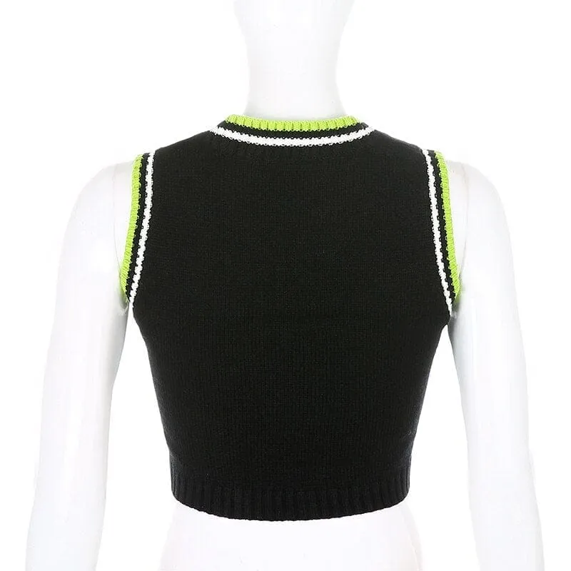 Plaid Knitted Tank Tops Female Streetwear Preppy Style V-Neck Cropped Knitwear