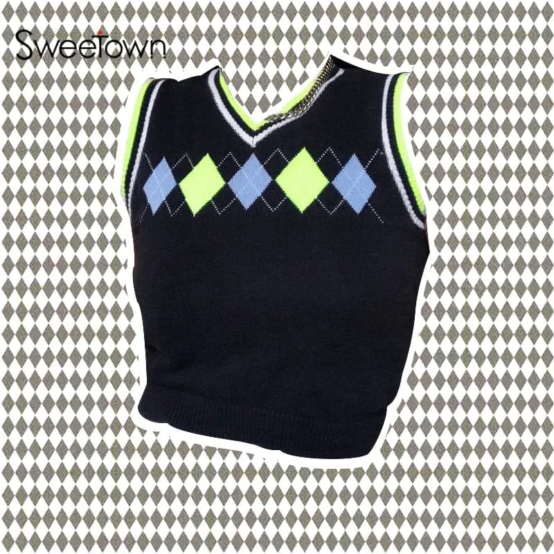 Plaid Knitted Tank Tops Female Streetwear Preppy Style V-Neck Cropped Knitwear