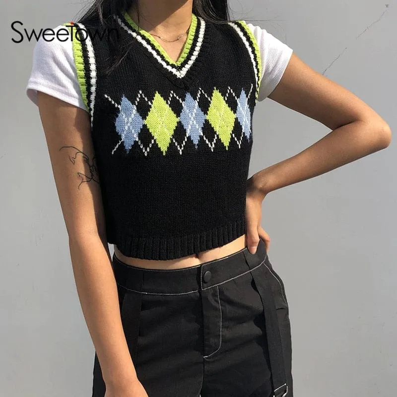 Plaid Knitted Tank Tops Female Streetwear Preppy Style V-Neck Cropped Knitwear