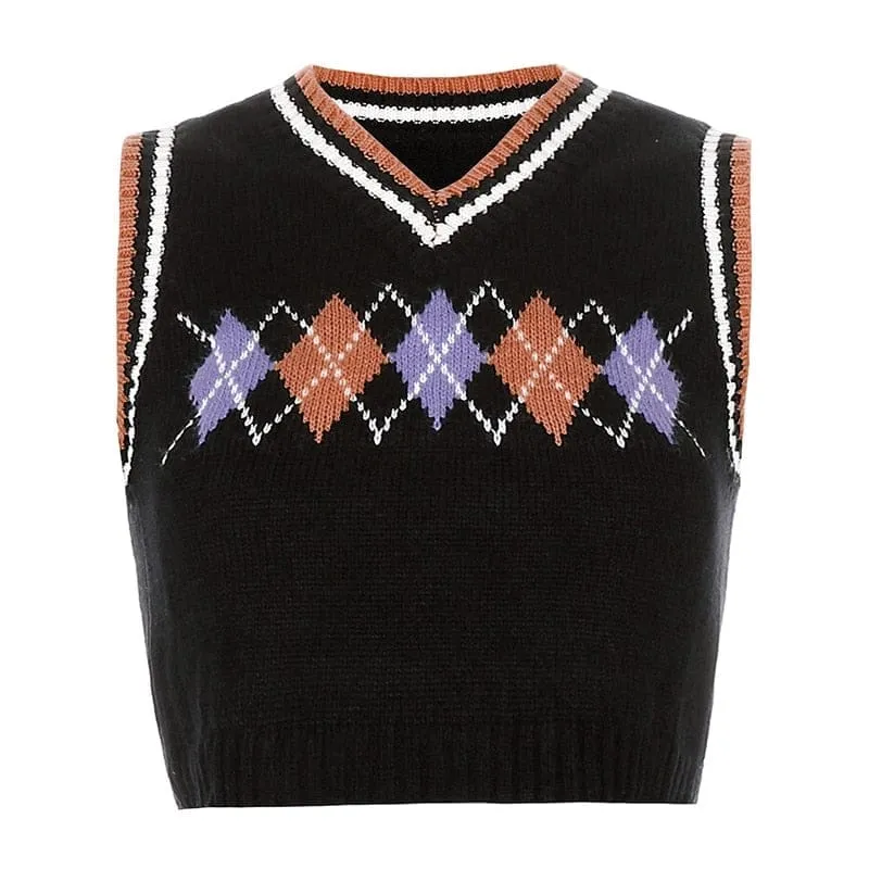 Plaid Knitted Tank Tops Female Streetwear Preppy Style V-Neck Cropped Knitwear