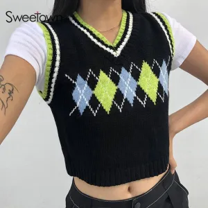 Plaid Knitted Tank Tops Female Streetwear Preppy Style V-Neck Cropped Knitwear