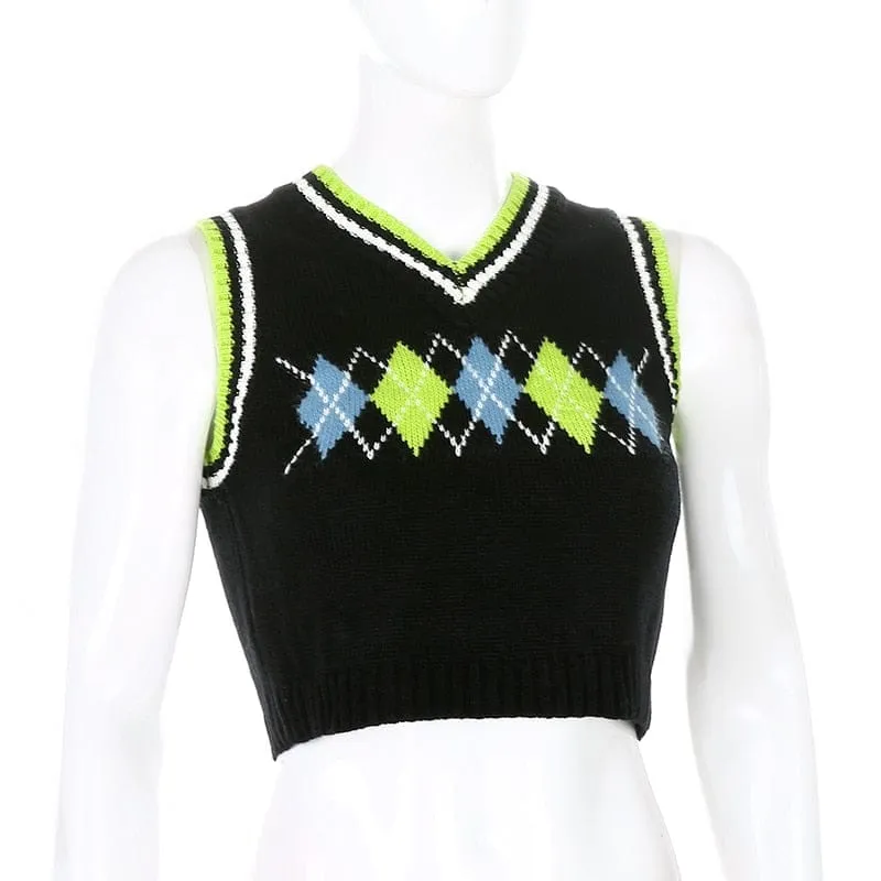 Plaid Knitted Tank Tops Female Streetwear Preppy Style V-Neck Cropped Knitwear