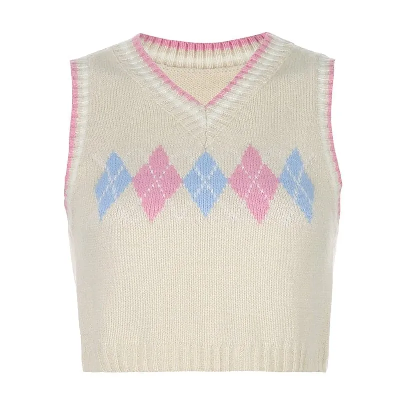 Plaid Knitted Tank Tops Female Streetwear Preppy Style V-Neck Cropped Knitwear