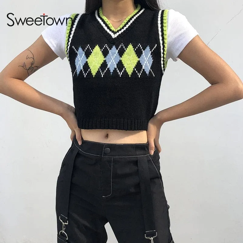 Plaid Knitted Tank Tops Female Streetwear Preppy Style V-Neck Cropped Knitwear