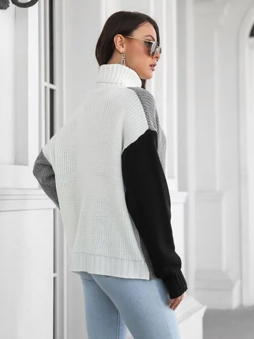 Polished And Warm Color Block Turtleneck Sweater