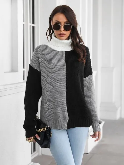 Polished And Warm Color Block Turtleneck Sweater