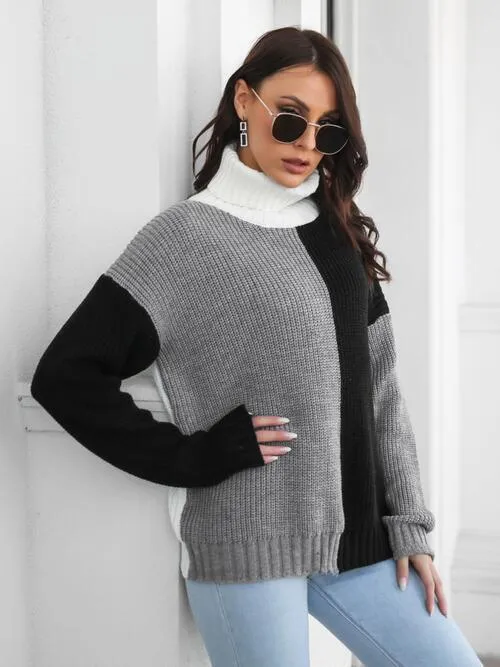 Polished And Warm Color Block Turtleneck Sweater