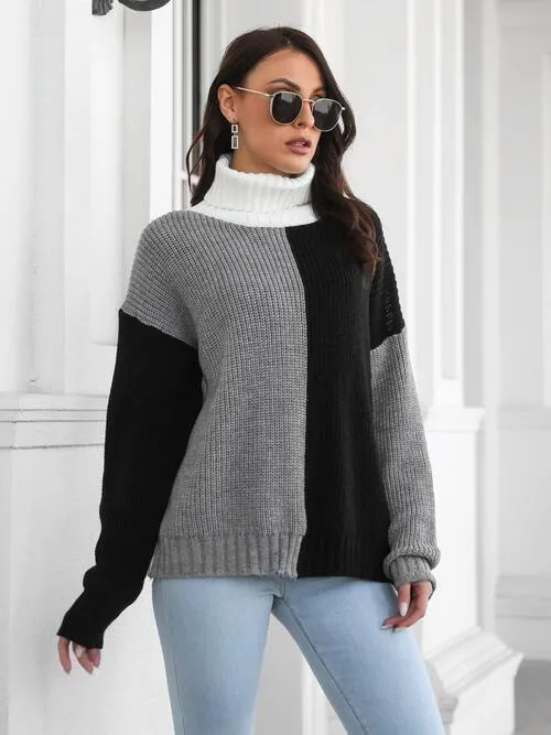 Polished And Warm Color Block Turtleneck Sweater