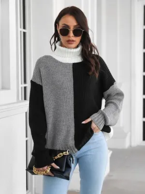 Polished And Warm Color Block Turtleneck Sweater