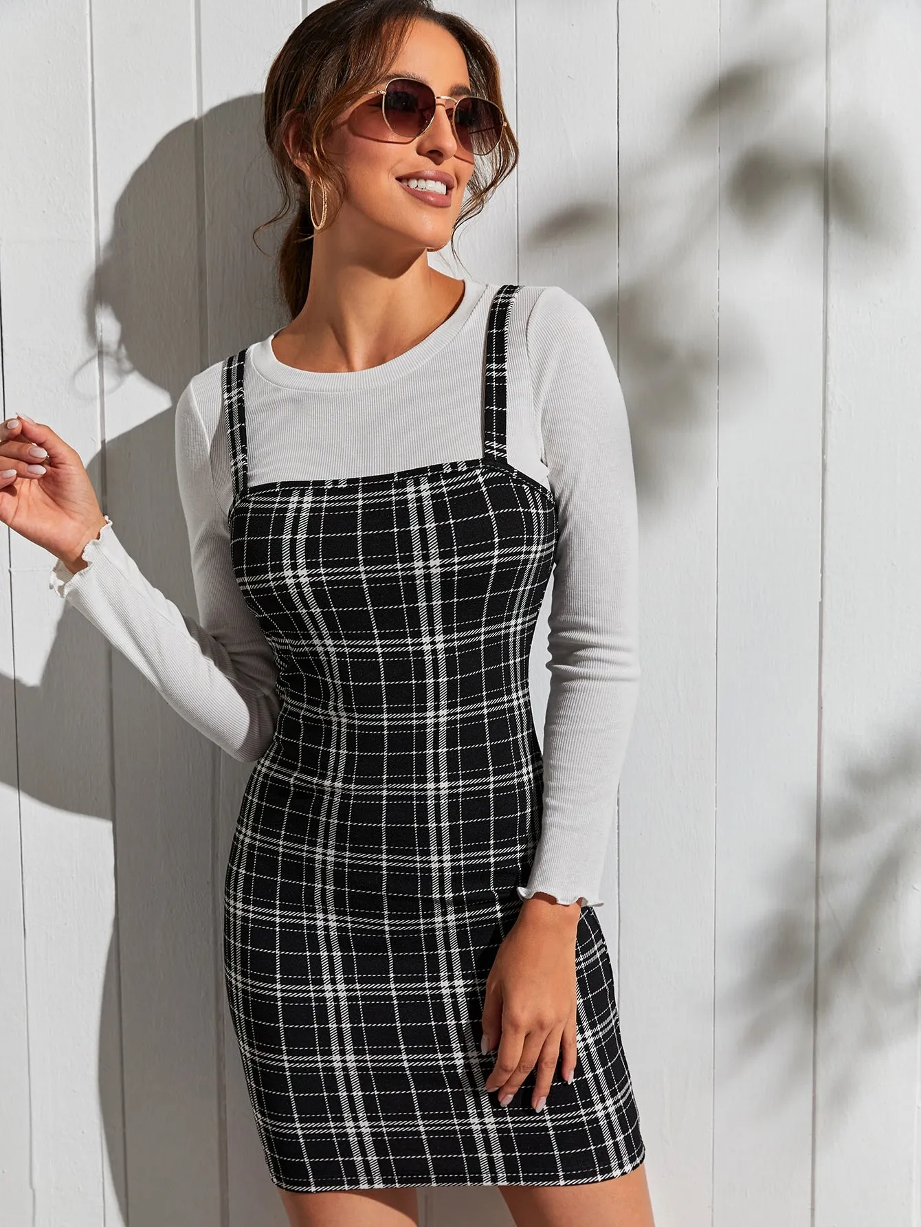 Preppy Tartan Long Sleeve Round Neck Women Two-Piece Outfits
