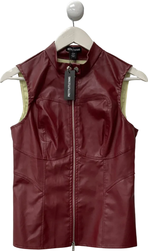 PrettyLittleThing Cherry Red Faux Leather Zip Front Longline Sleeveless Top UK 10
