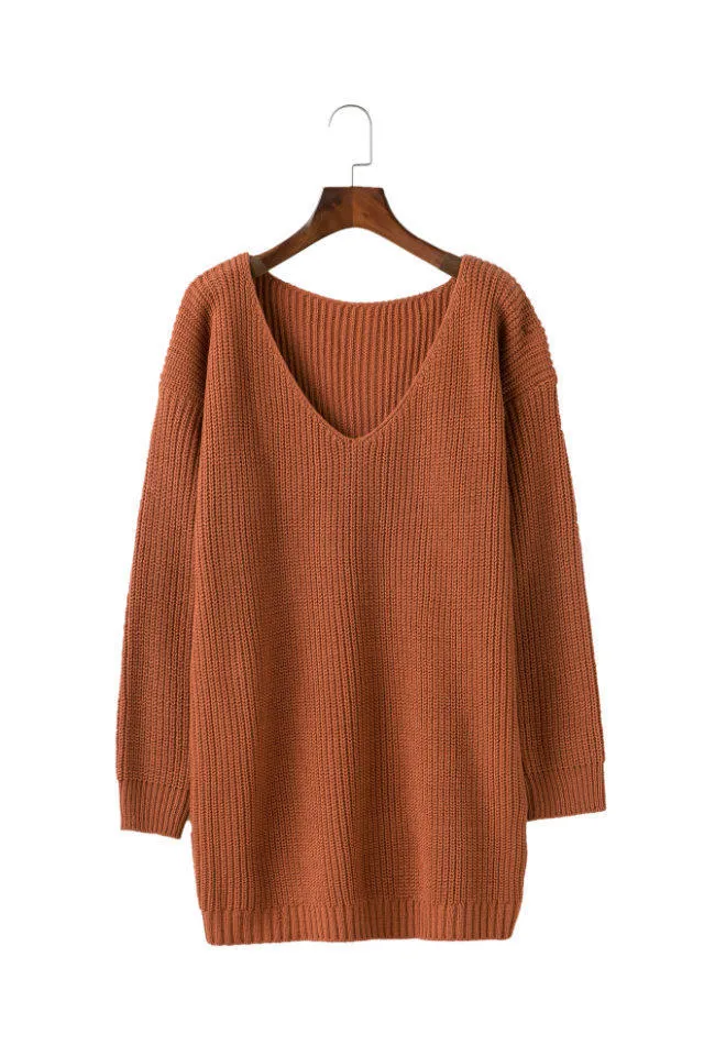 Pure Color Deep V-neck Long Sleeves Long Loose Sweater
