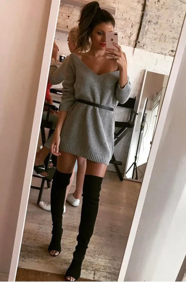 Pure Color Deep V-neck Long Sleeves Long Loose Sweater