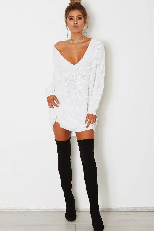 Pure Color Deep V-neck Long Sleeves Long Loose Sweater